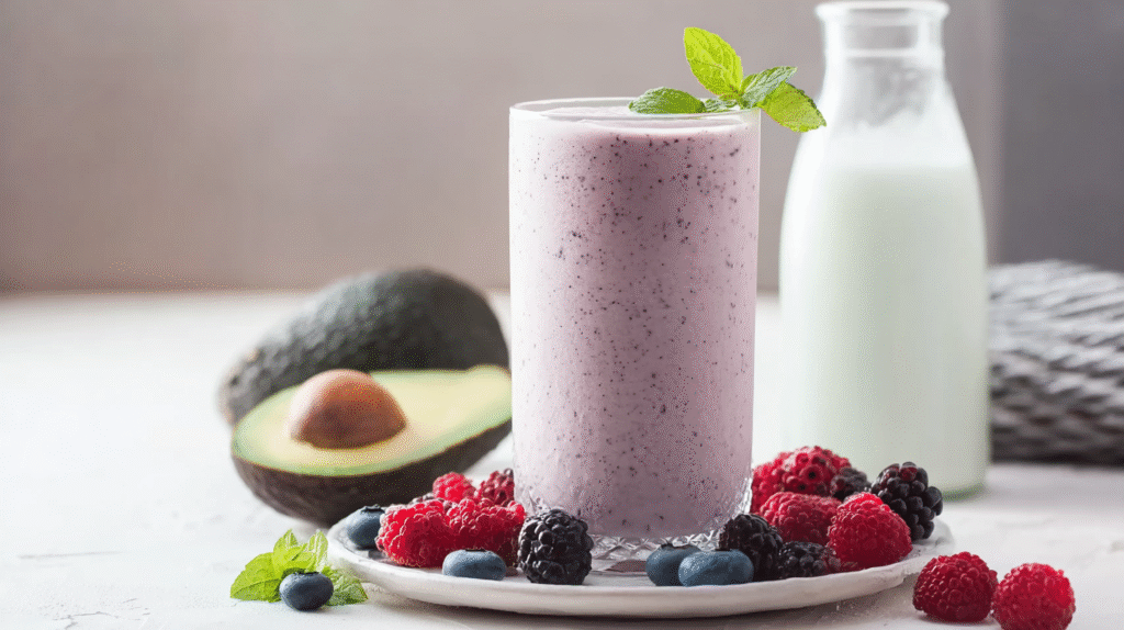smoothie protéiné aux fruits rouges et avocat sur table rustique
