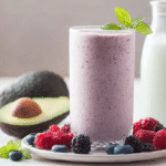 smoothie protéiné aux fruits rouges et avocat sur table rustique