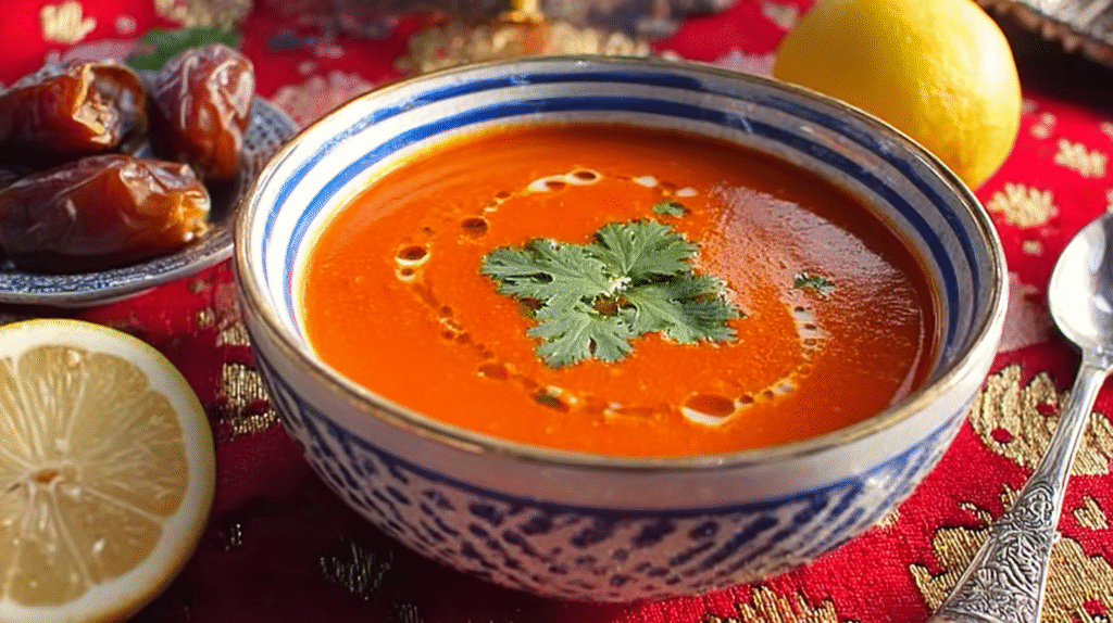 Soupe à la tomate servie avec fromage et coriandre