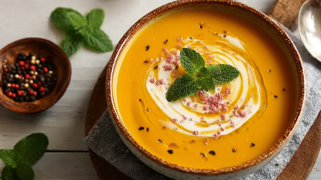 soupe butternut crémeuse dans un bol fumant