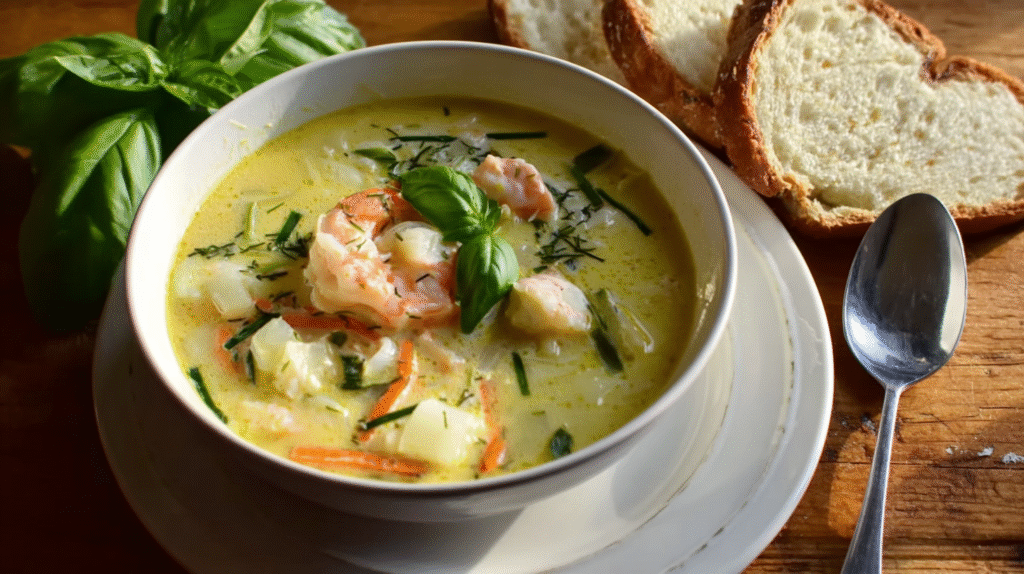 Soupe de poisson sans gluten maison dans un grand bol rustique