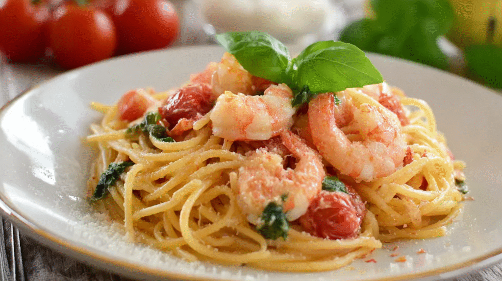 spaghetti aux crevettes sans gluten dans un bol rustique