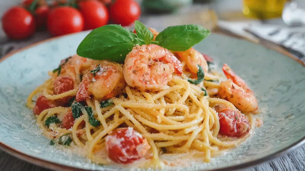 Spaghetti aux crevettes sans gluten : simple, rapide et savoureux 7 assiette de spaghetti aux crevettes sans gluten servie avec parmesan