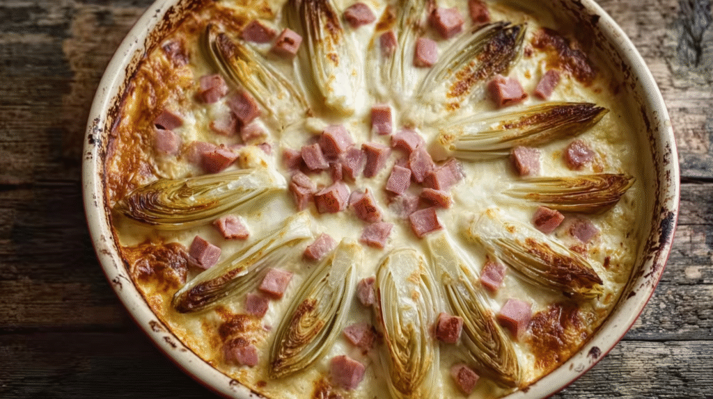 Tartiflette d’endives au reblochon : recette sans gluten facile et fondante 7 Portion de tartiflette d’endives au reblochon servie