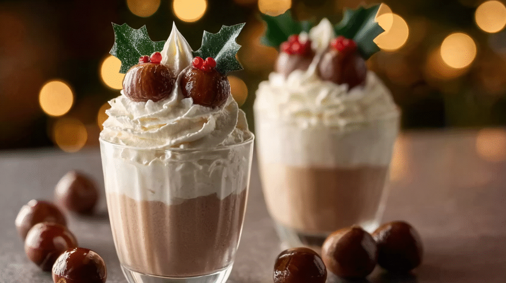Verrines de Noël mousse de marrons et chantilly vanille sans gluten 7 Verrines de Noël servies à table