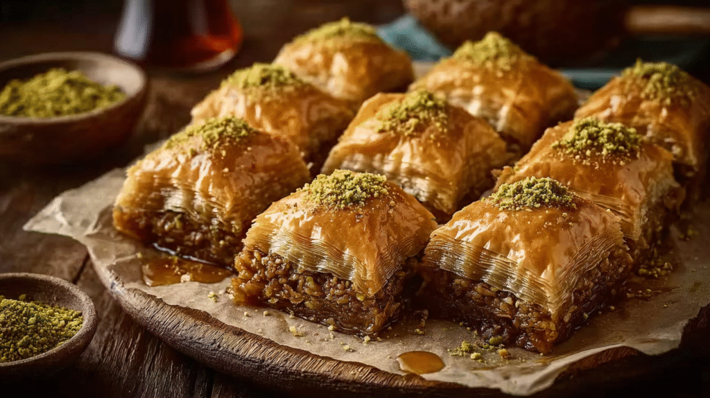 Baklawas croustillants servis avec du miel et des pistaches