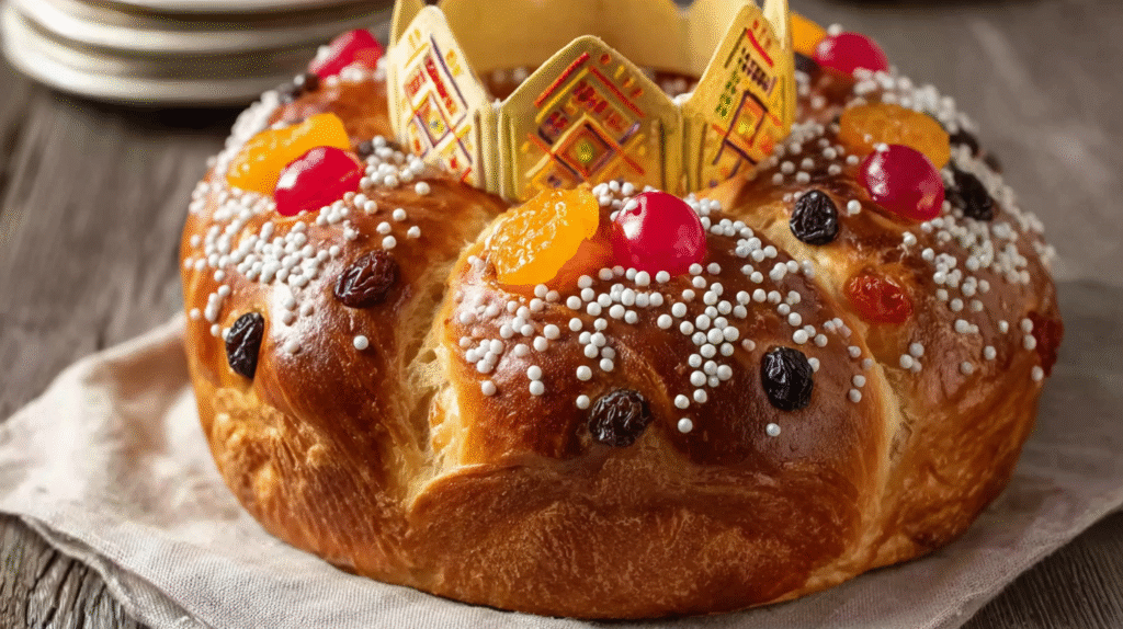 Brioche des Rois sans gluten dorée et décorée