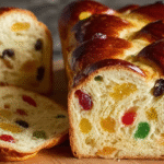 Brioche de Noël aux fruits confits : moelleuse, festive et sans gluten 5 Brioche de Noël aux fruits confits sans gluten sur une table festive