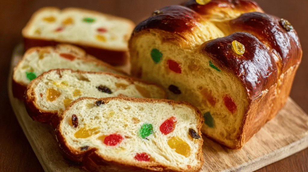 Brioche de Noël aux fruits confits : moelleuse, festive et sans gluten 7 Tranche de brioche de Noël aux fruits confits servie avec thé de Noël