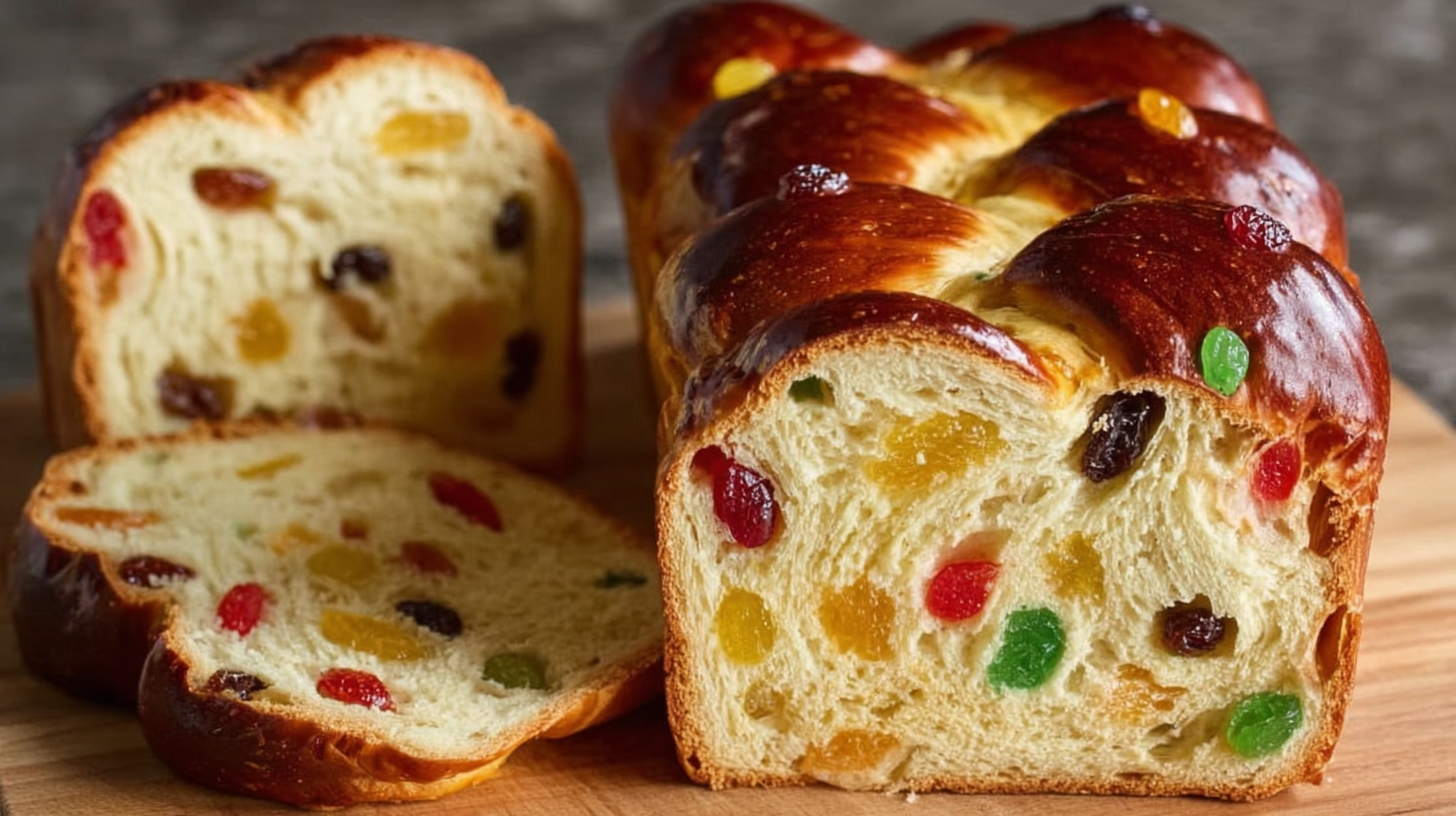 Brioche de Noël aux fruits confits : moelleuse, festive et sans gluten 4 Brioche de Noël aux fruits confits sans gluten sur une table festive