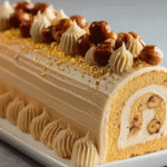 Bûche au Praliné Sans Gluten – Recette Facile et Gourmande 5 Bûche au praliné sans gluten nappée de chocolat et décorée de noisettes