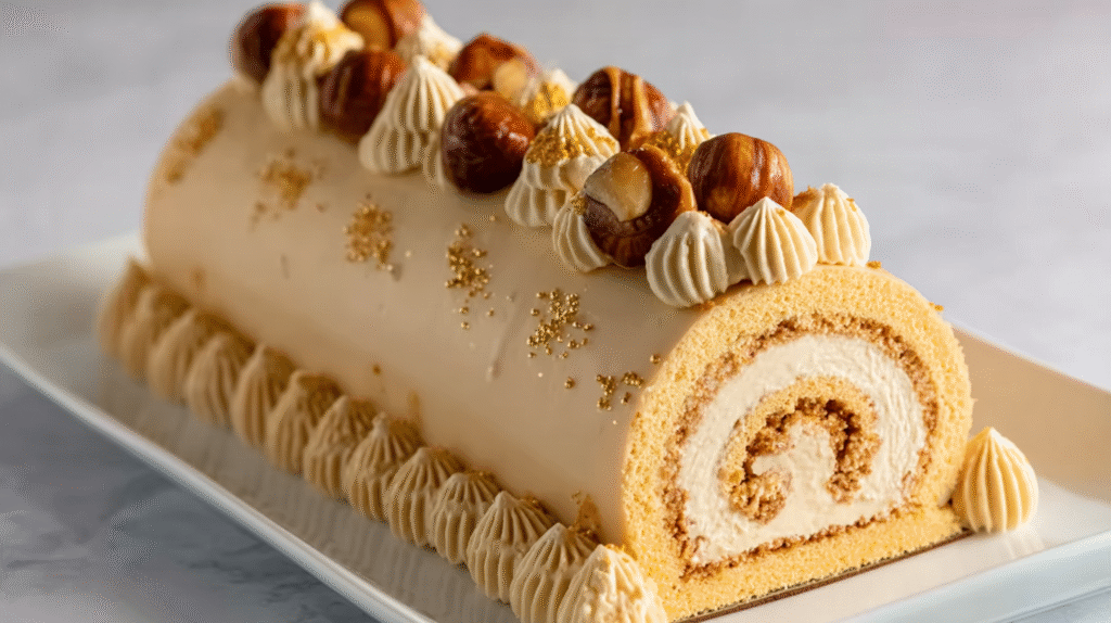 Bûche au Praliné Sans Gluten – Recette Facile et Gourmande 7 bûche au praliné sans gluten servie à Noël