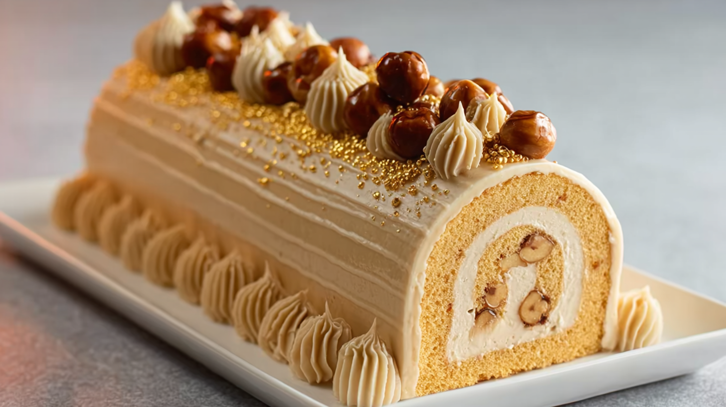 Bûche au Praliné Sans Gluten – Recette Facile et Gourmande 4 Bûche au praliné sans gluten nappée de chocolat et décorée de noisettes