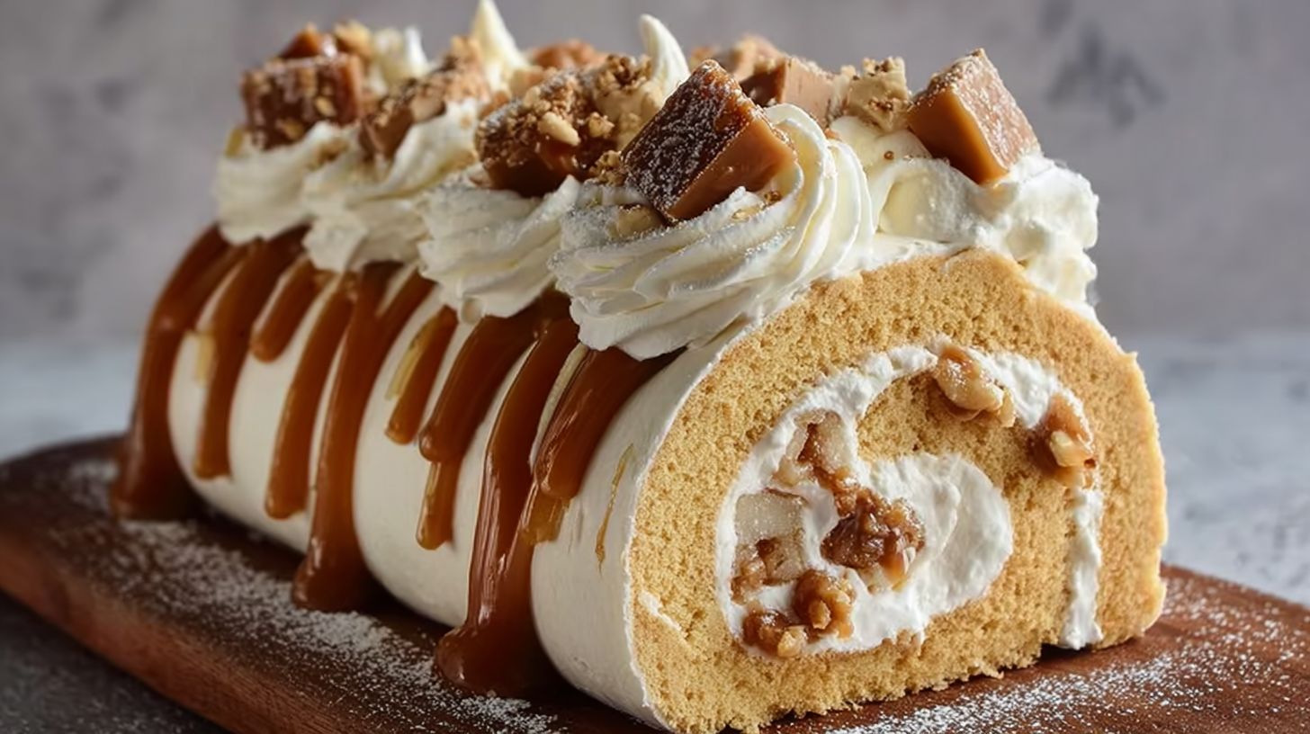 Bûche chocolat blanc et caramel sans gluten sur une table de Noël festive