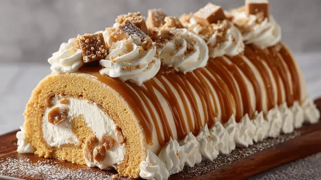 bûche chocolat blanc et caramel servie à l’assiette