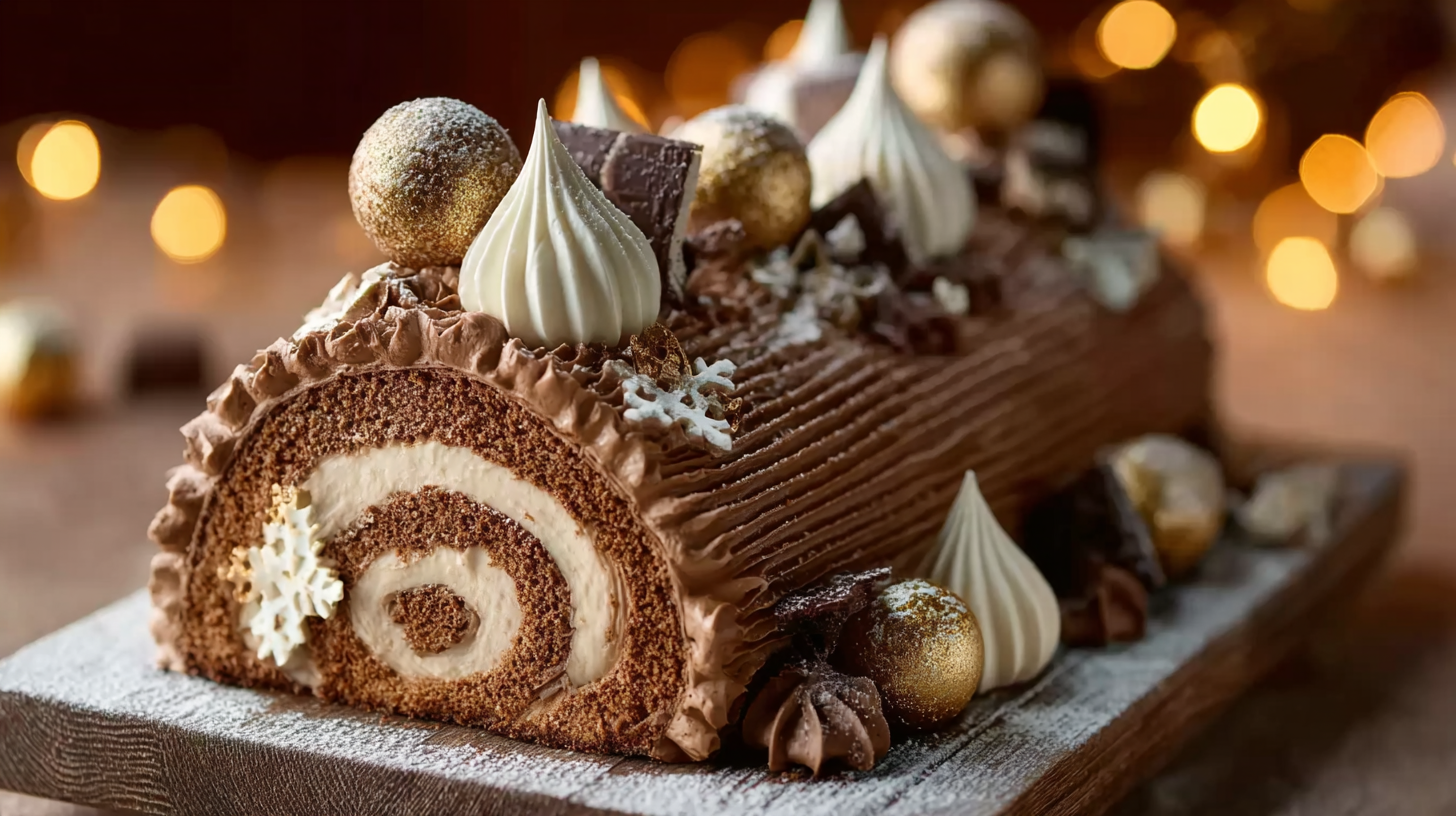 Bûche de Noël moka café : la recette sans gluten qui fait sensation 4 bûche de Noël moka café sans gluten sur table festive