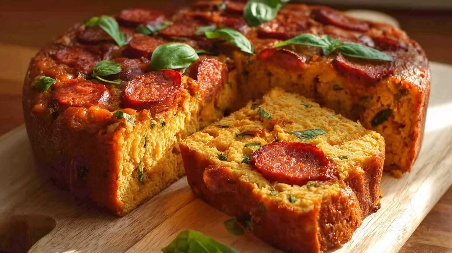 Cake au chorizo sans gluten : simple, rapide et délicieux 4 Cake au chorizo sans gluten doré tranché sur planche en bois