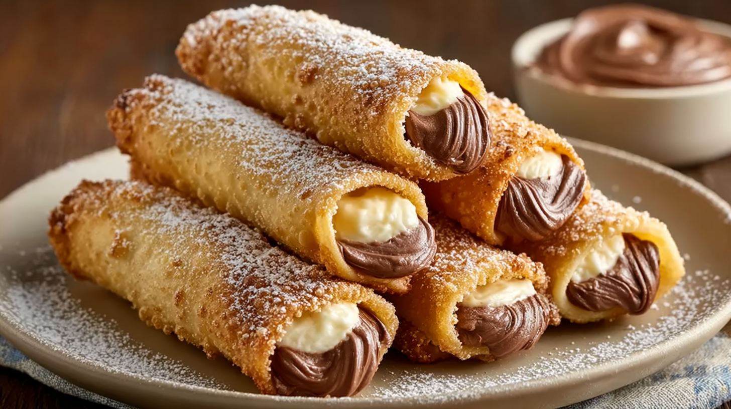 Cigares Croustillants Fourrés au Nutella sans gluten : plaisir garanti 4 Cigares croustillants fourrés au Nutella sans gluten sur une table rustique