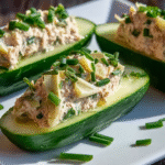 Concombres farcis au thon sans gluten sur assiette blanche