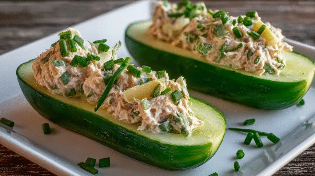 Présentation des concombres farcis au thon sans gluten