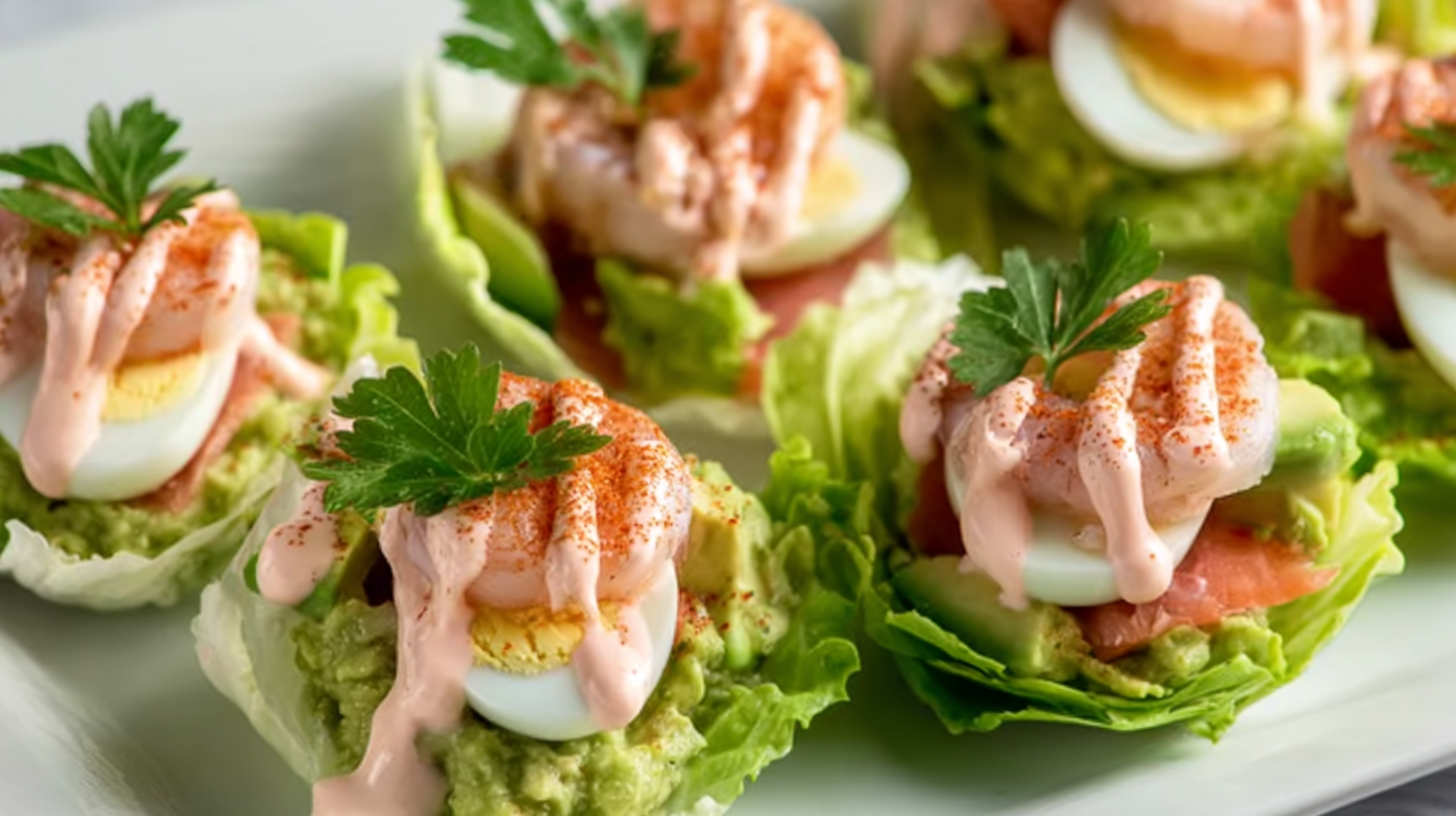 Coupelles de laitue au saumon fumé avocat et œufs de caille sans gluten 4 Coupelles de laitue au saumon fumé, avocat et œufs de caille servies à table