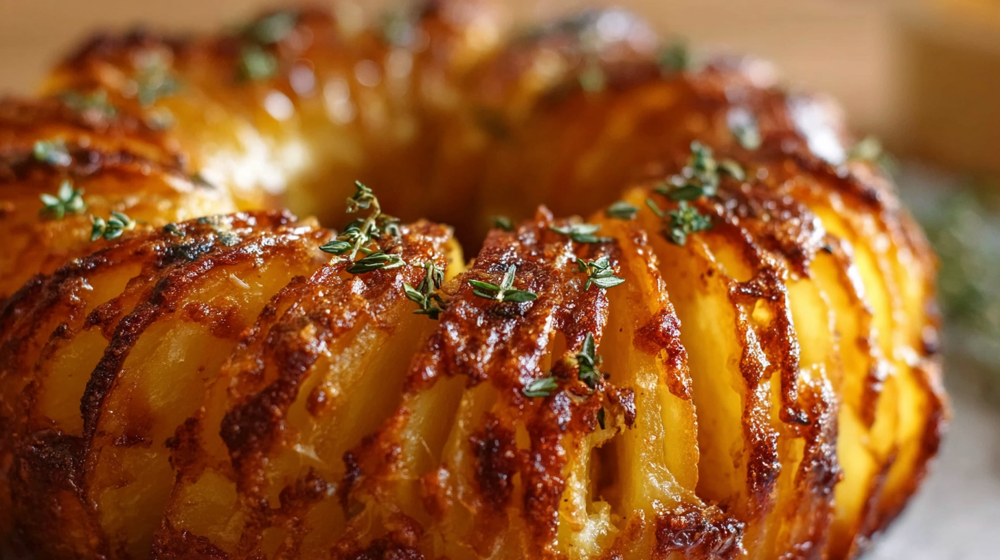Couronne croustillante de pommes de terre dorée sans gluten sur une table rustique