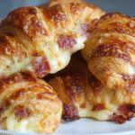 Croissants Lardons–Raclette sans gluten sur planche en bois rustique