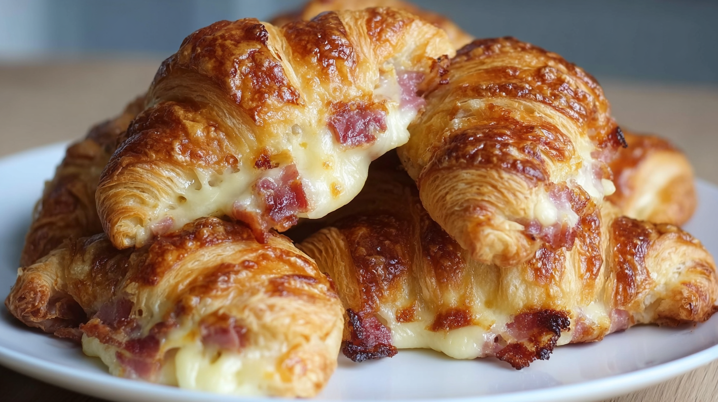 Croissants Lardons–Raclette sans gluten : croustillants et fondants 4 Croissants Lardons–Raclette sans gluten sur planche en bois rustique