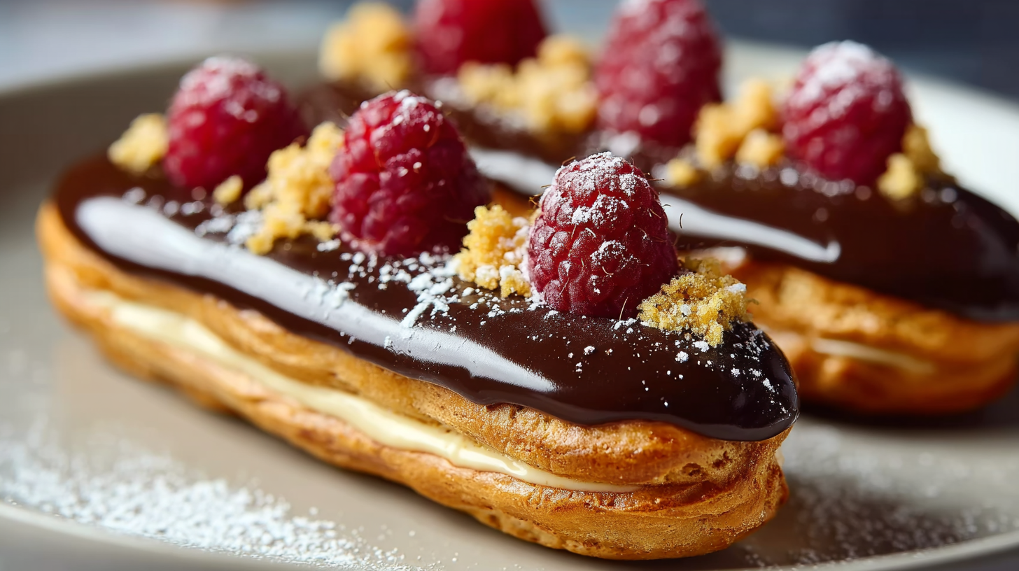 Éclairs au chocolat maison sans gluten sur planche en bois