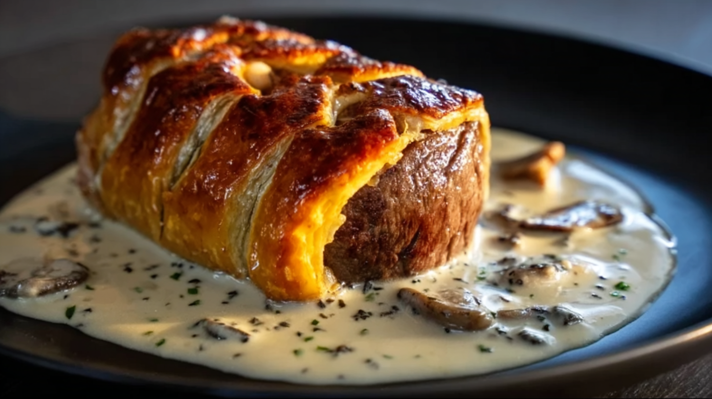 Filet Mignon en Croûte au Foie Gras Sauce aux Morilles : Recette de Fête Sans Gluten 4 Filet mignon en croûte au foie gras sauce aux morilles sur une table festive