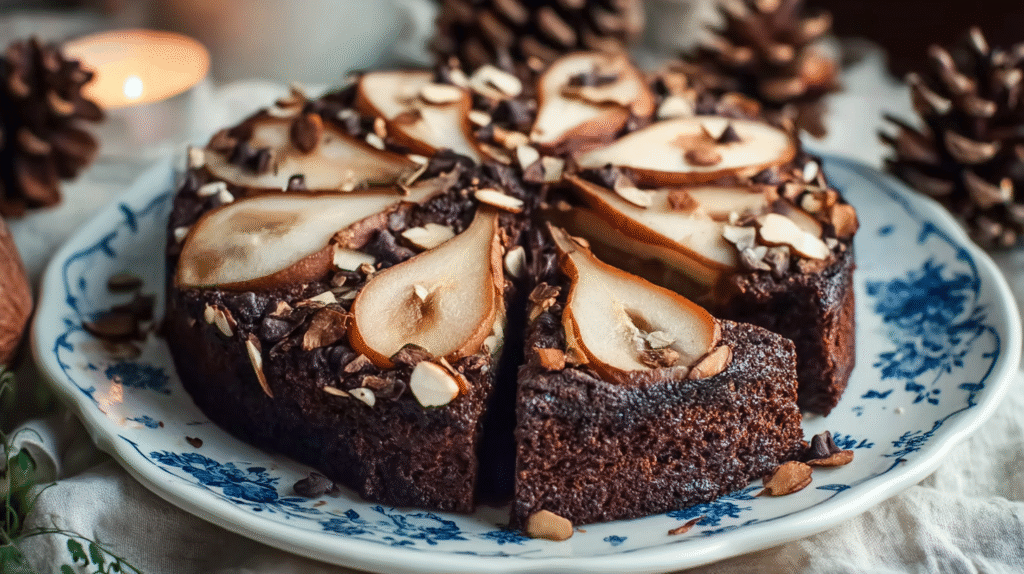 gâteau poire chocolat sans gluten servie avec thé