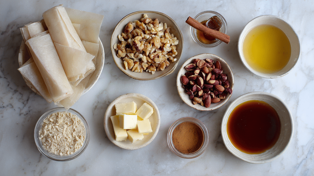 Ingrédients sans gluten pour baklawas croustillants au miel