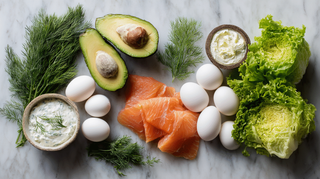 Coupelles de laitue au saumon fumé avocat et œufs de caille sans gluten 6 Ingrédients sans gluten pour coupelles de laitue au saumon, avocat et œufs