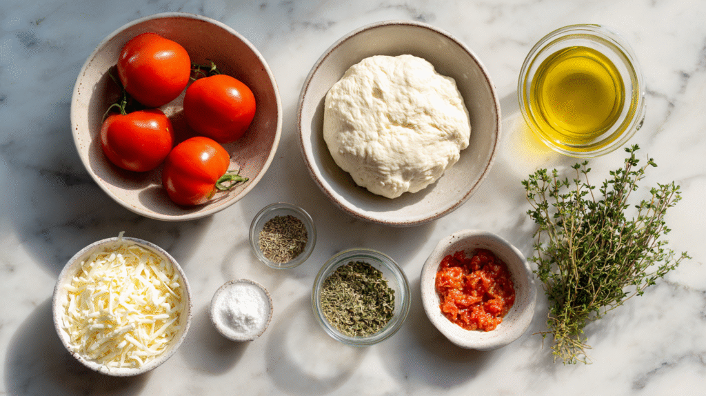 Ingrédients pour mini pizzas à la tomate et au fromage sans gluten
