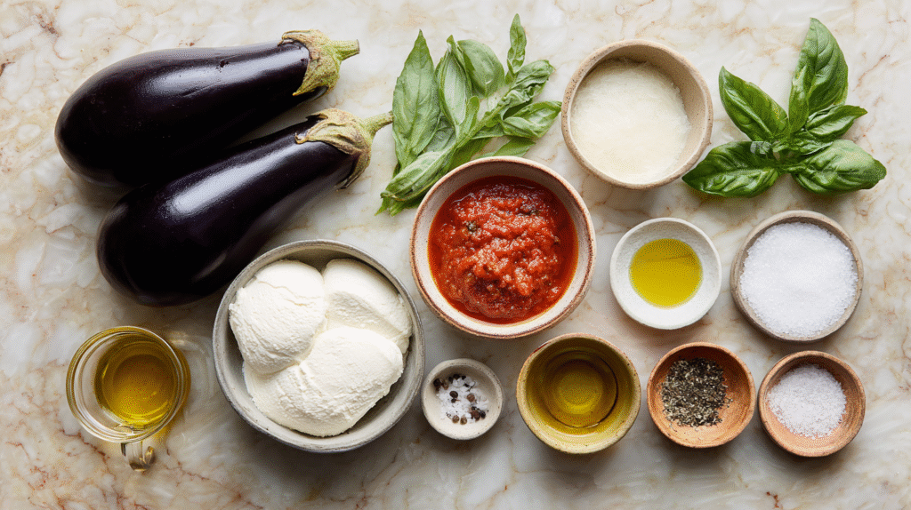 Ingrédients pour parmigiana d’aubergines fondante sans gluten