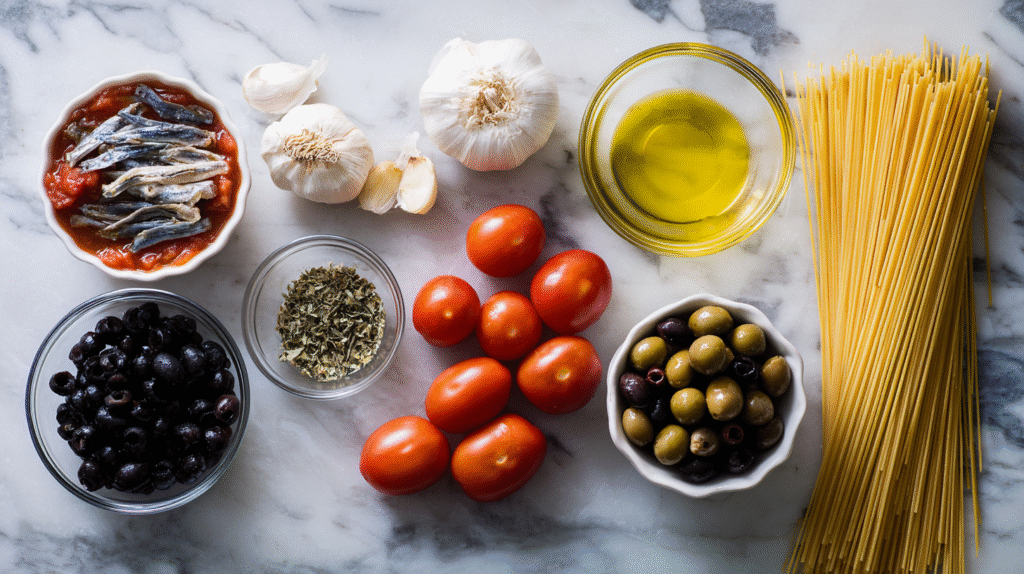 Pasta Puttanesca sans Gluten : Saveurs Authentiques et Recette Express 6 Ingrédients sans gluten pour Pasta Puttanesca maison