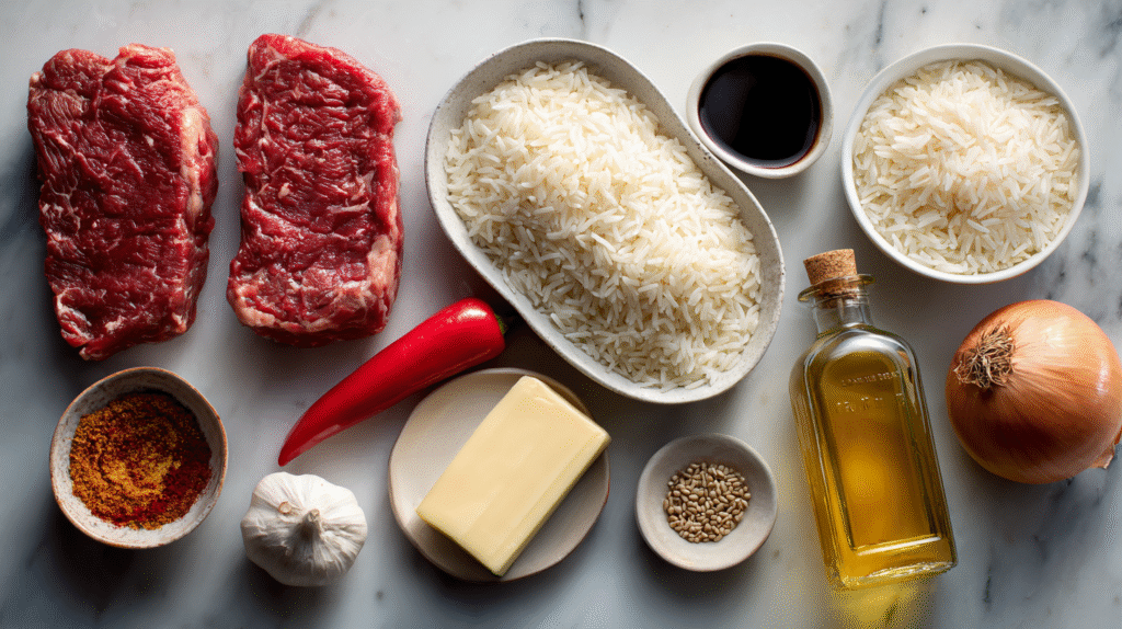 Ingrédients pour riz sauté au steak tendre sans gluten