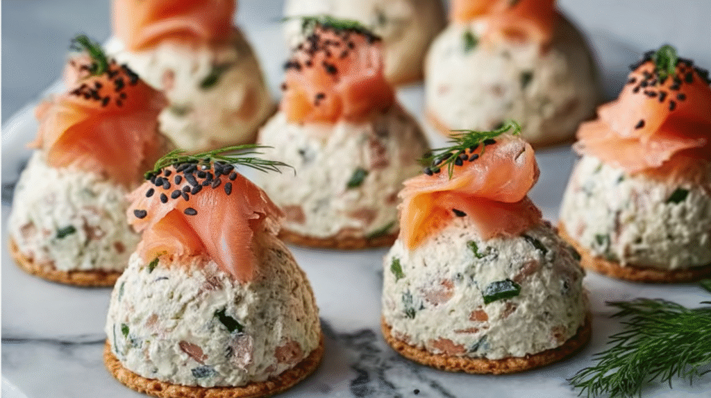 Mini dômes crème fromage et saumon servis pour apéritif de fête sans gluten