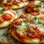 Mini pizzas à la tomate et au fromage sans gluten servies sur une assiette rustique