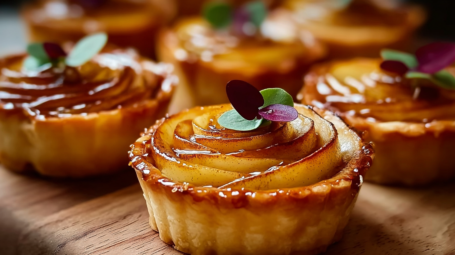 Mini Tartelettes aux Pommes Sans Gluten – Faciles et Ultra Moelleuses 4 Mini tartelettes aux pommes sans gluten sur une table rustique