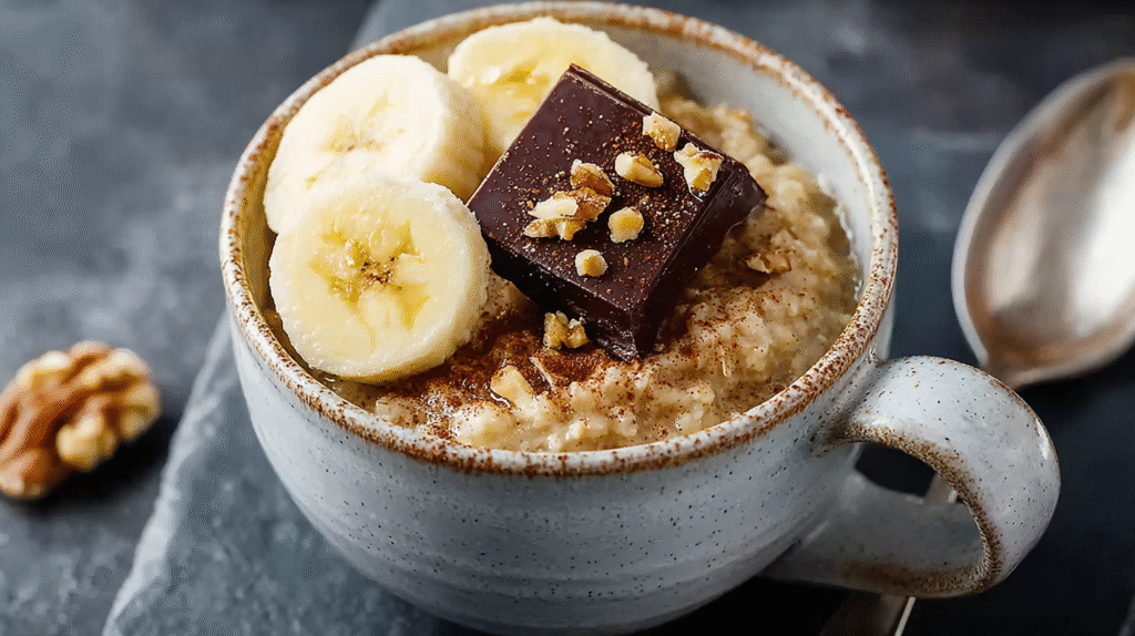 Mugcake Banane et Avoine dans un mug rustique sans gluten