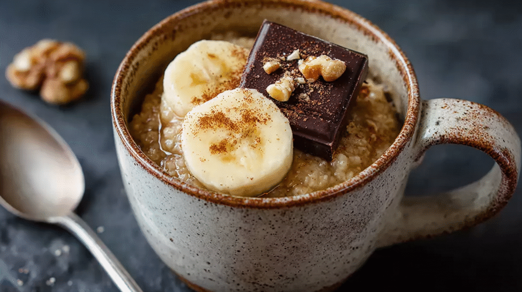 Mugcake Banane et Avoine servi avec toppings sans gluten