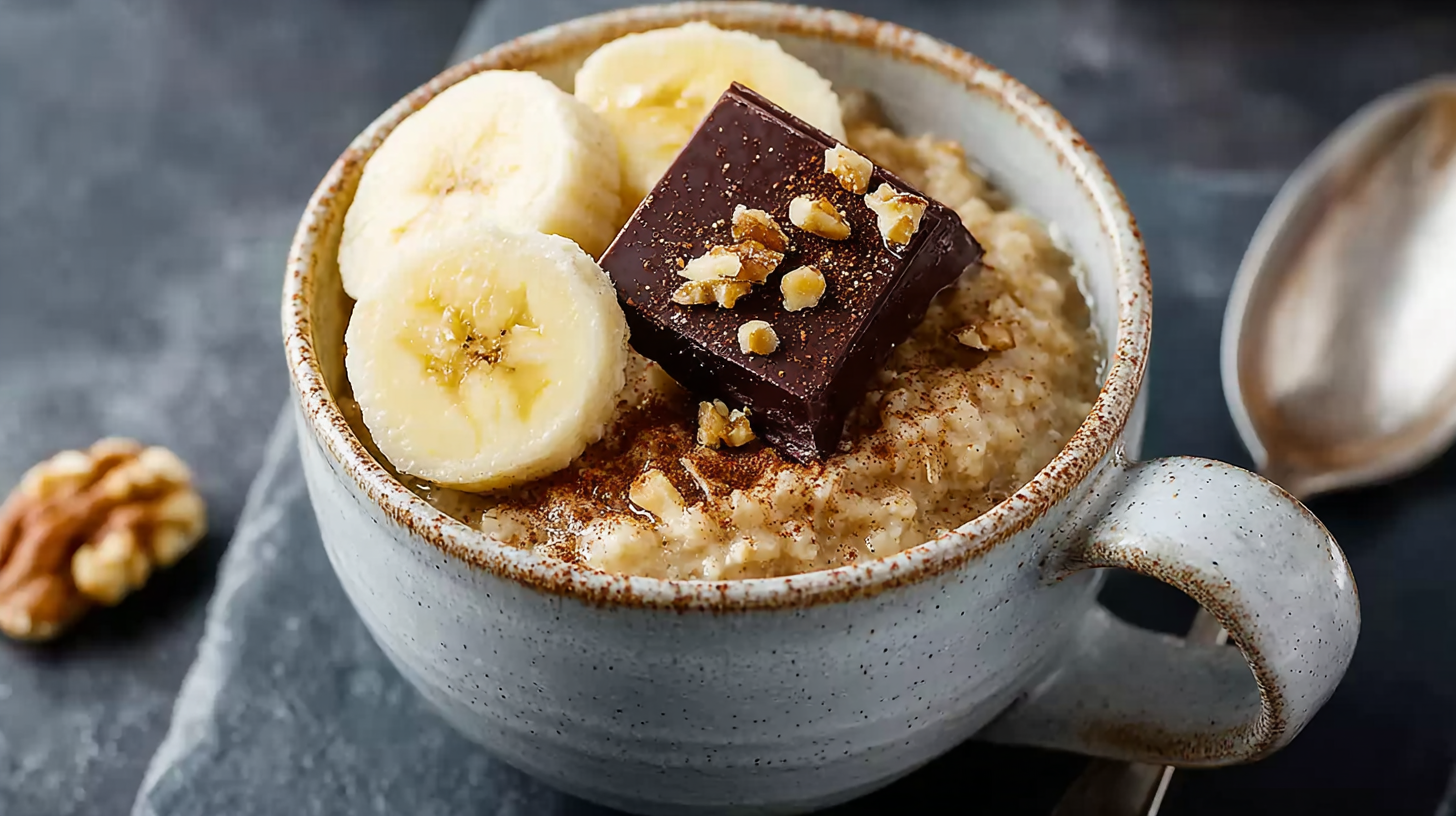 Mugcake Banane et Avoine dans un mug rustique sans gluten