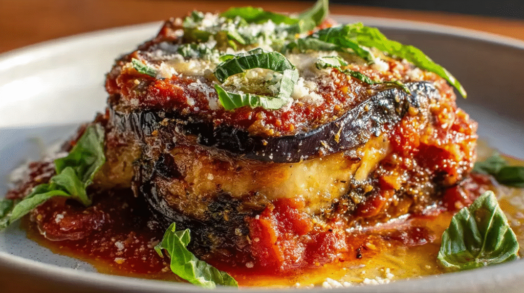 Portion de parmigiana d’aubergines fondante servie à table