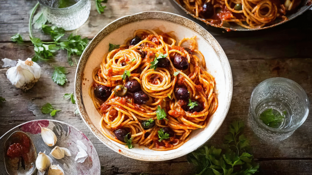 Pasta Puttanesca sans Gluten : Saveurs Authentiques et Recette Express 7 Pasta Puttanesca sans gluten servie à table avec vin rouge