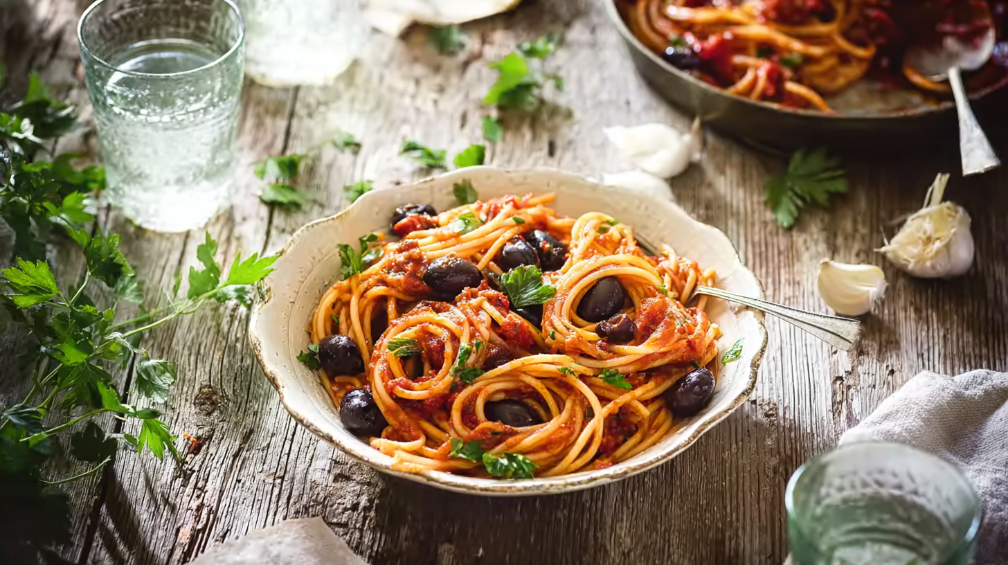 Pasta Puttanesca sans Gluten : Saveurs Authentiques et Recette Express 4 Assiette de Pasta Puttanesca sans gluten, olives et câpres