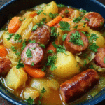 Potée aux Saucisses et Légumes : Recette d’Hiver Sans Gluten et Savoureuse 5 potée aux saucisses et légumes sans gluten servie dans une cocotte rustique