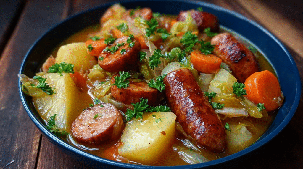Potée aux Saucisses et Légumes : Recette d’Hiver Sans Gluten et Savoureuse 7 potée aux saucisses et légumes servie avec pain sans gluten