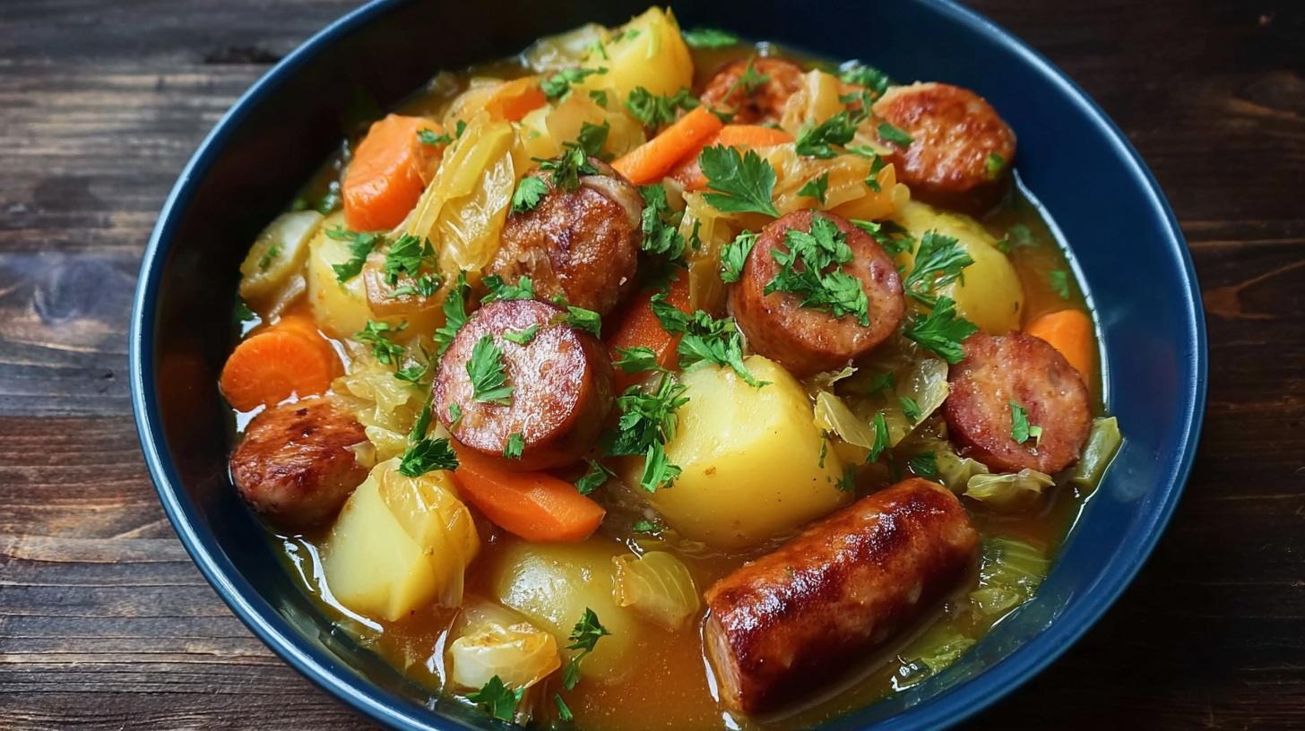 Potée aux Saucisses et Légumes : Recette d’Hiver Sans Gluten et Savoureuse 4 potée aux saucisses et légumes sans gluten servie dans une cocotte rustique
