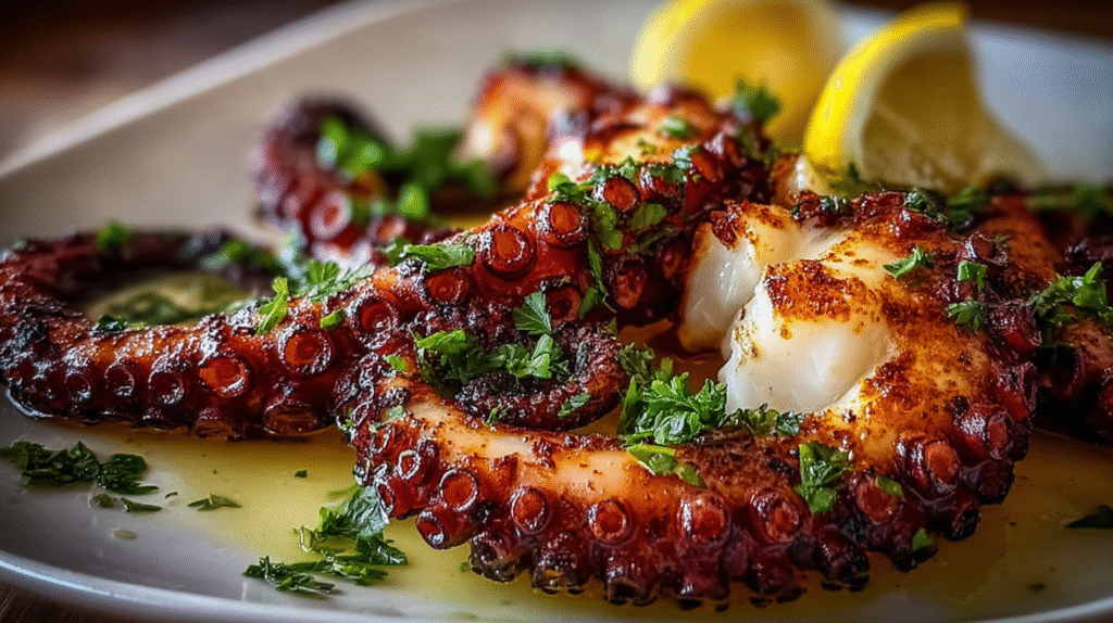 Poulpe grillé maison servi avec citron et salade